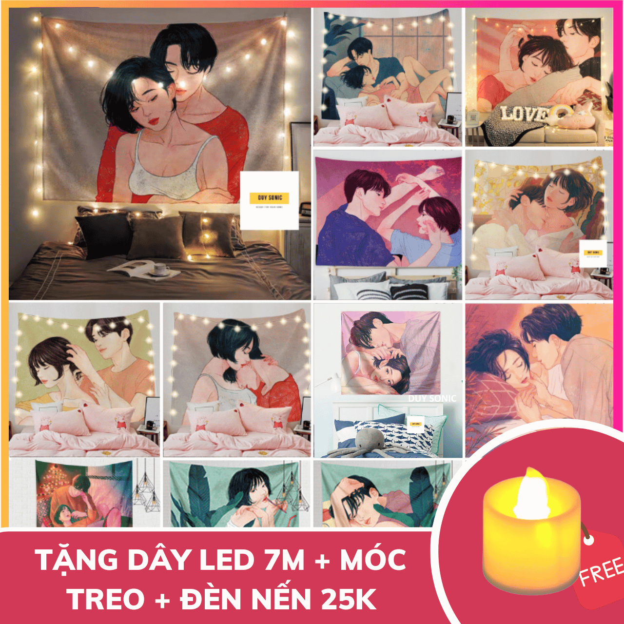 Vải treo tường tình nhân 1m5x1m3 tặng kèm móc treo và dây led,thảm treo tường decor phòng ngủ trang trí phòng ngủ