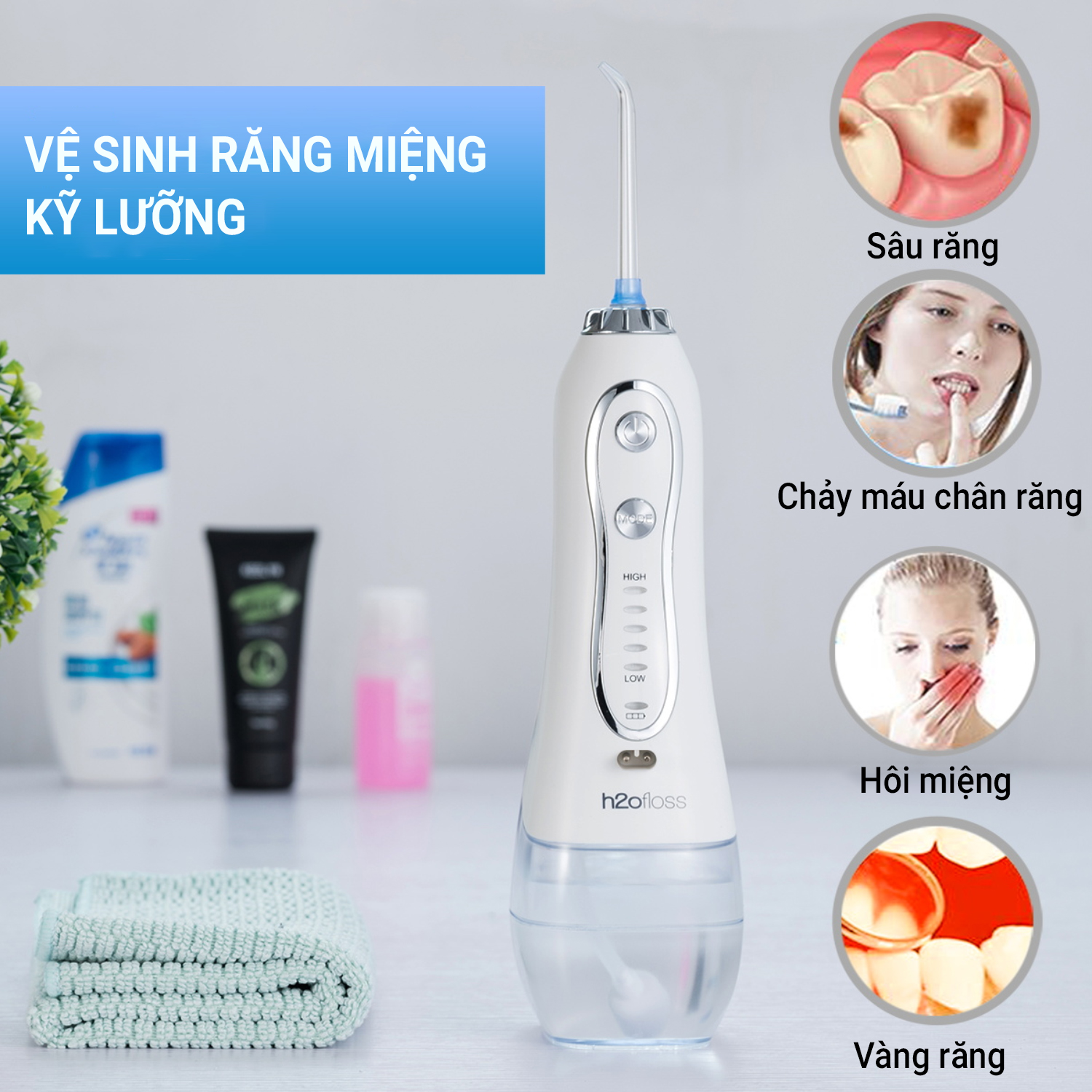 Máy tăm nước cầm tay h2ofloss hf-6 với 5 đầu tăm làm sạch trắng răng