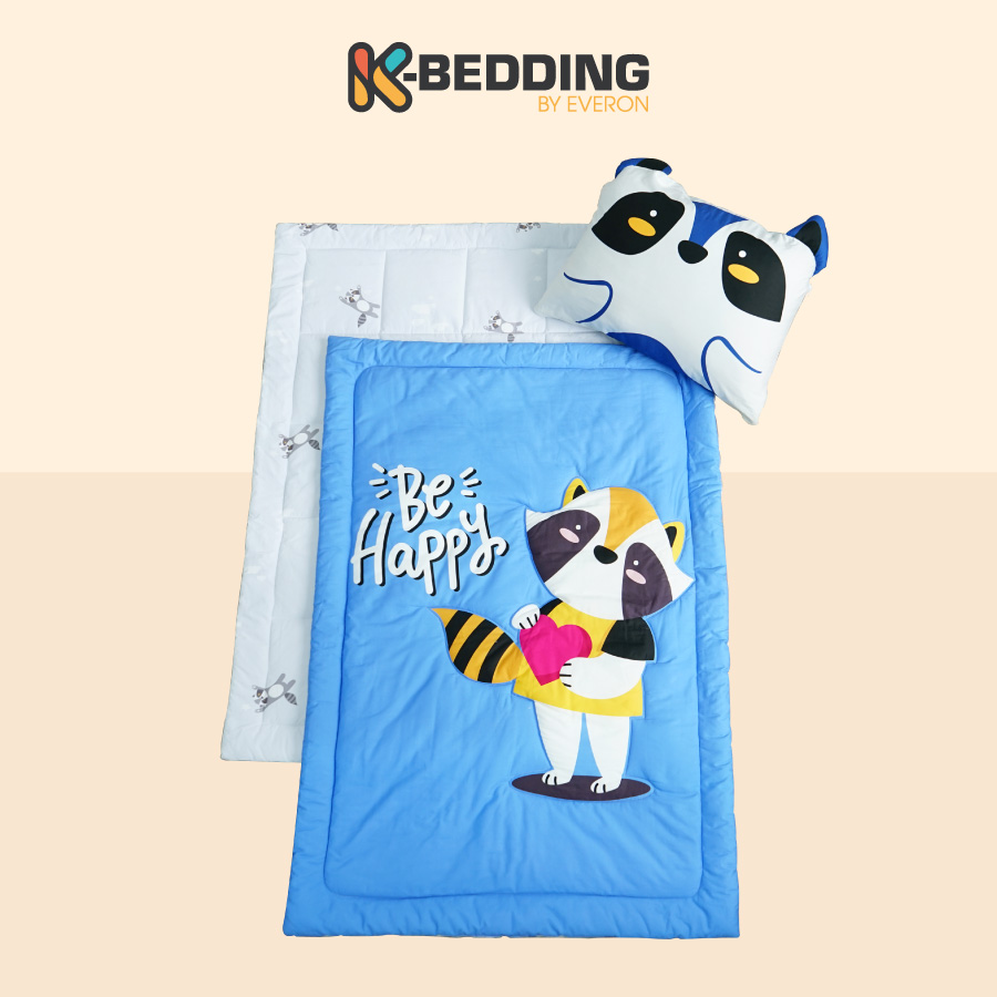 Bộ tấm trải, nệm ngủ trẻ em Kbedding By Everon gấu mèo Racoon chất vải cotton an toàn cho bé