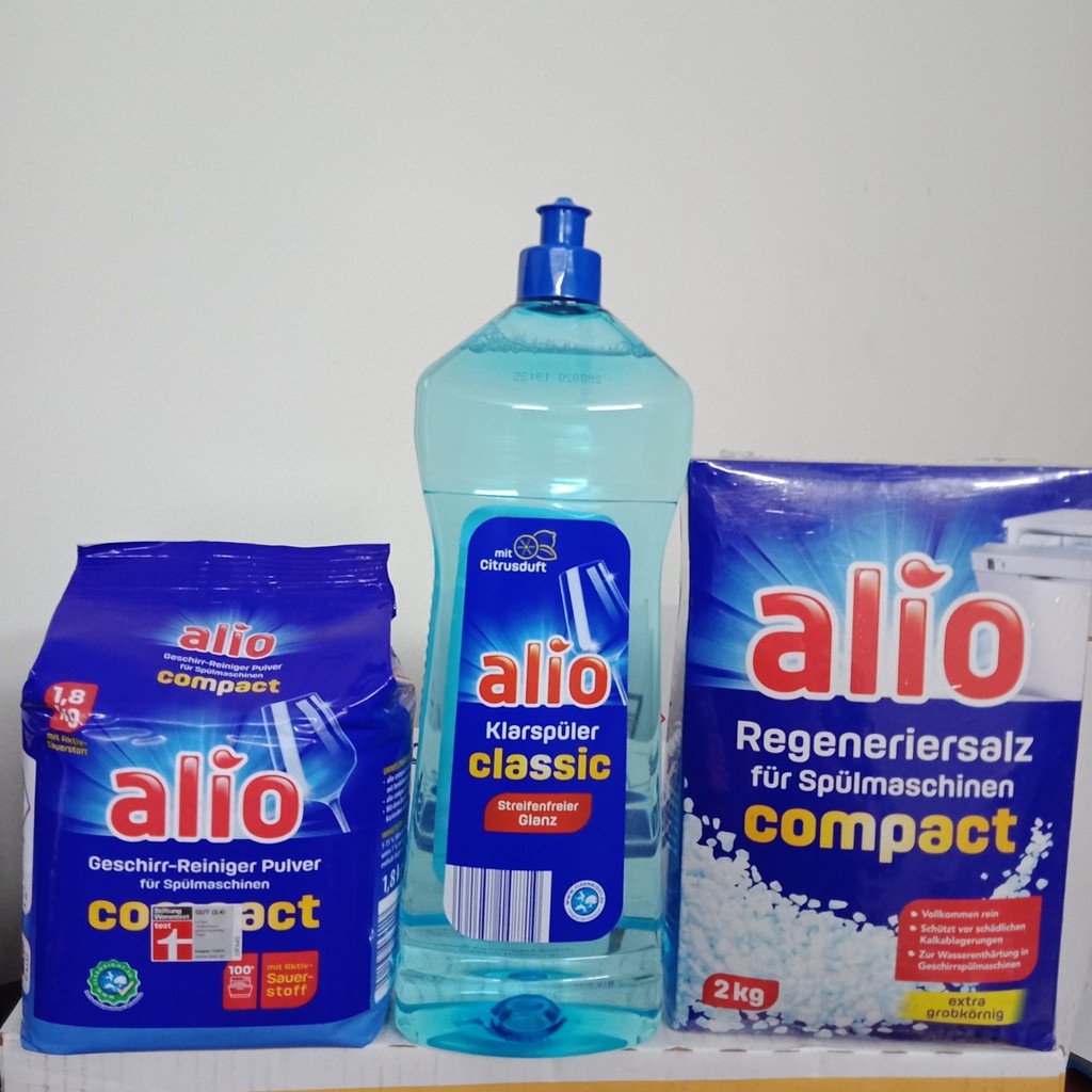 Bộ sản phẩm dùng cho máy rửa chén combo muối rửa bát alio 2kg, bột alio 1.8kg,bóng 1l dùng cho máy rửa bát