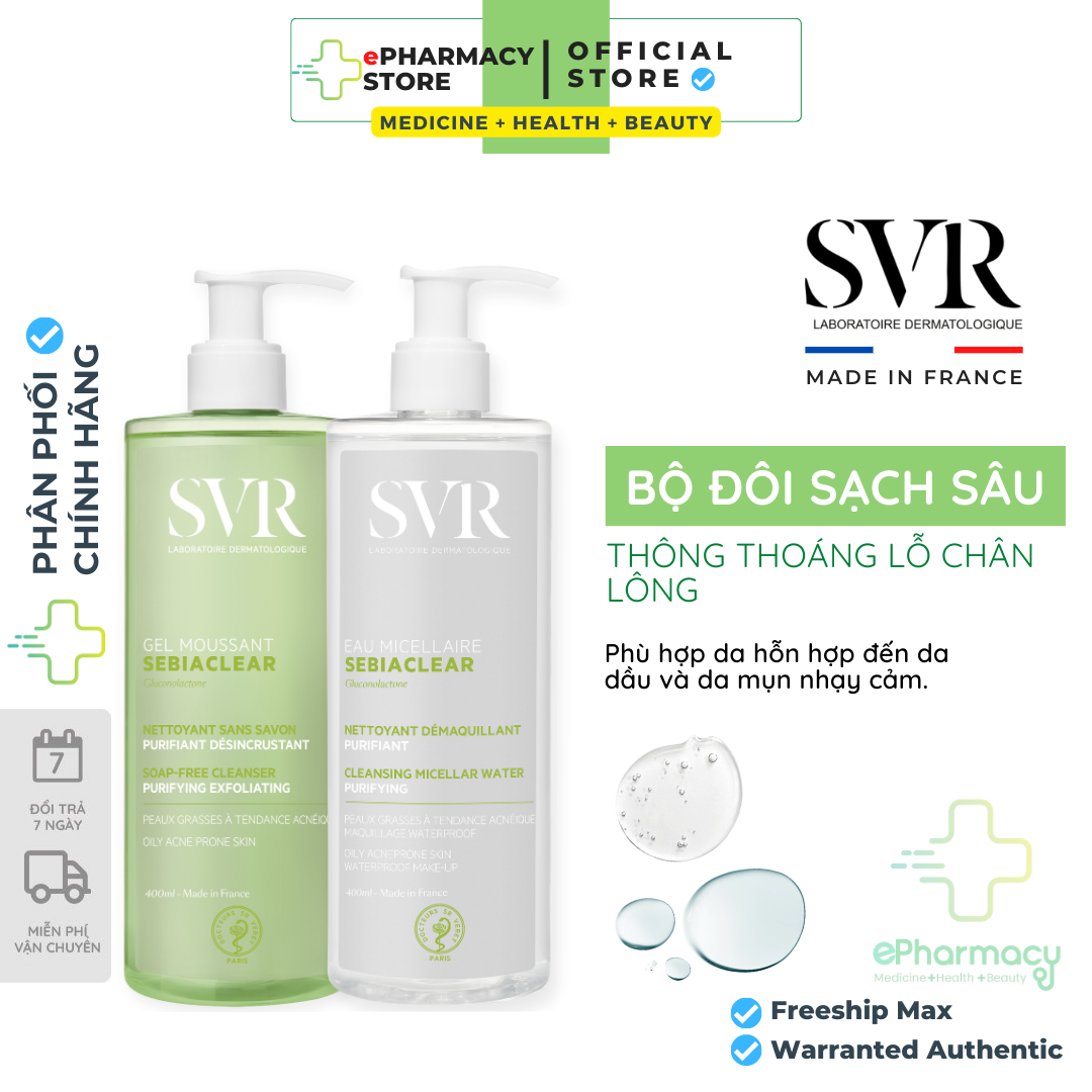 Combo nước tẩy trang svr sebiaclear + sữa rửa mặt svr sebiaclear da dầu mụn