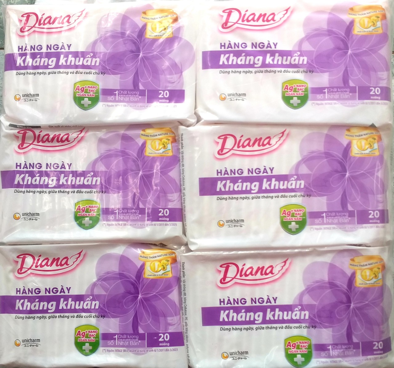 {MIẾNG NHỎ}-COMBO 6 GÓI BĂNG VỆ SINH HÀNG NGÀY DIANA KHÁNG KHUẨN 20 MIẾNG