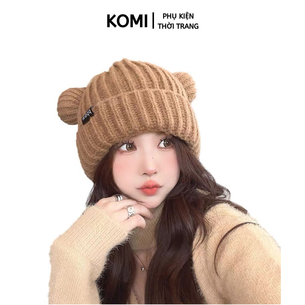 Mũ len nữ KOMI nón len tai thỏ trùm đầu mùa đông phong cách ấm áp dễ thương