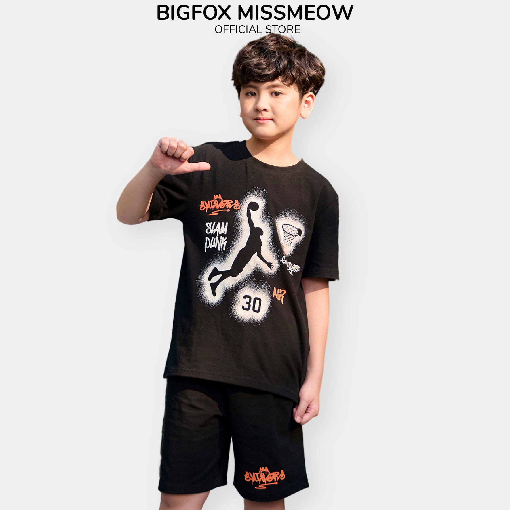 Đồ bộ bé trai cộc tay Hàn Quốc Bigfox Miss Meow size đại, áo ngắn tay quần đùi vải cotton thoáng mát cỡ 12-15 tuổi 40 - 50kg
