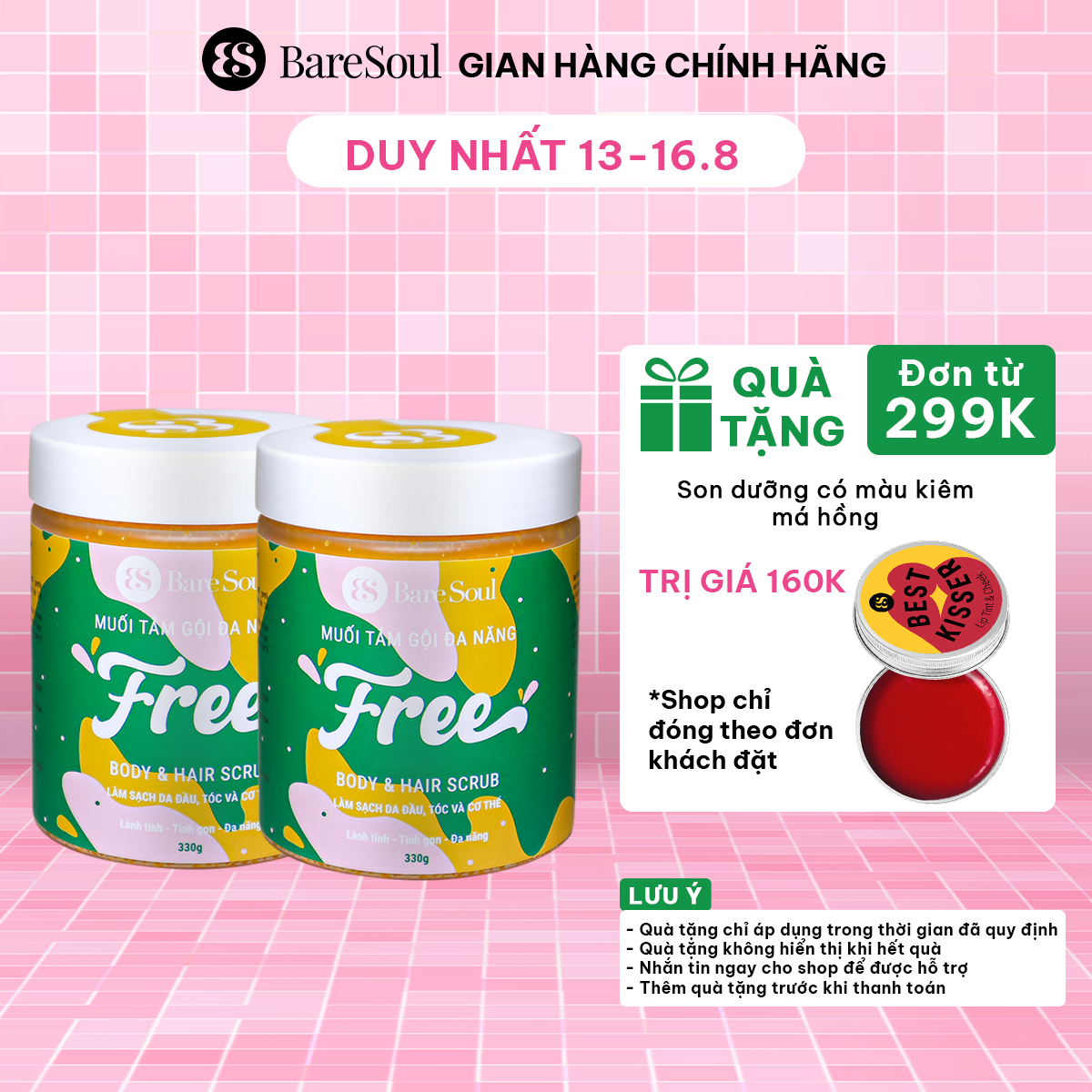 Combo 2 Muối tắm gội tẩy tế bào chết cơ thể và tẩy tế bào chết da đầu, tóc BareSoul FREE Body & Hair Scrub 330g x2