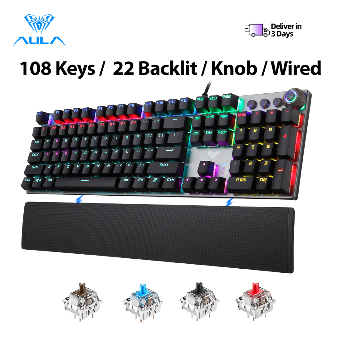 AULA F2058/F2088 Bàn phím chơi game cơ khí có thể cắm nóng 22 Đèn nền 108 phím Nắp kim loại với cổ tay có thể tháo rời, có thể lập trình cho PC/Laptop/MAC