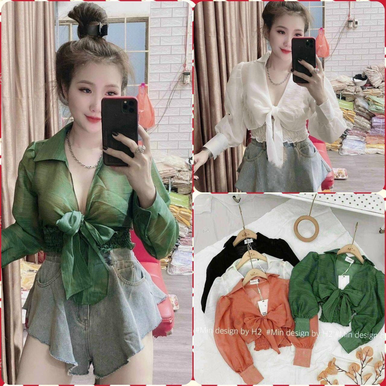 Áo sơ mi tay phồng thắt nơ, áo voan tay phồng cột nơ