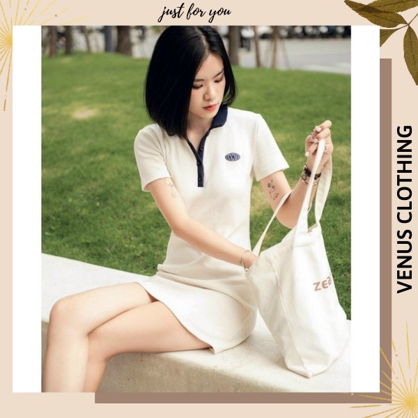 Đầm váy suông Polo nữ dáng ôm tay ngắn vải thun dày dặn thêu chữ Annie