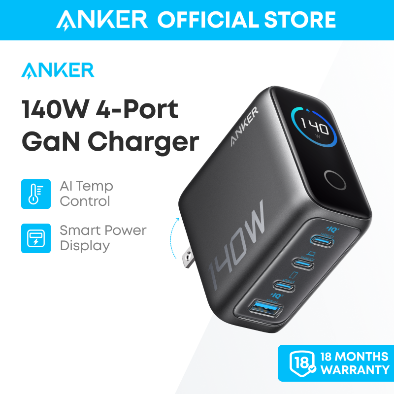 Anker Laptop Charger, 140W USB-C Charger, 4-Port Multi-Device Fast Charging, Advanced GaN Power Adapter, Intuitive Touch Controls, Màn hình thông minh, for iPhone 17/ 17 Air/ 17 Pro series, MacBook, , Samsung Galaxy, Pixel, and More