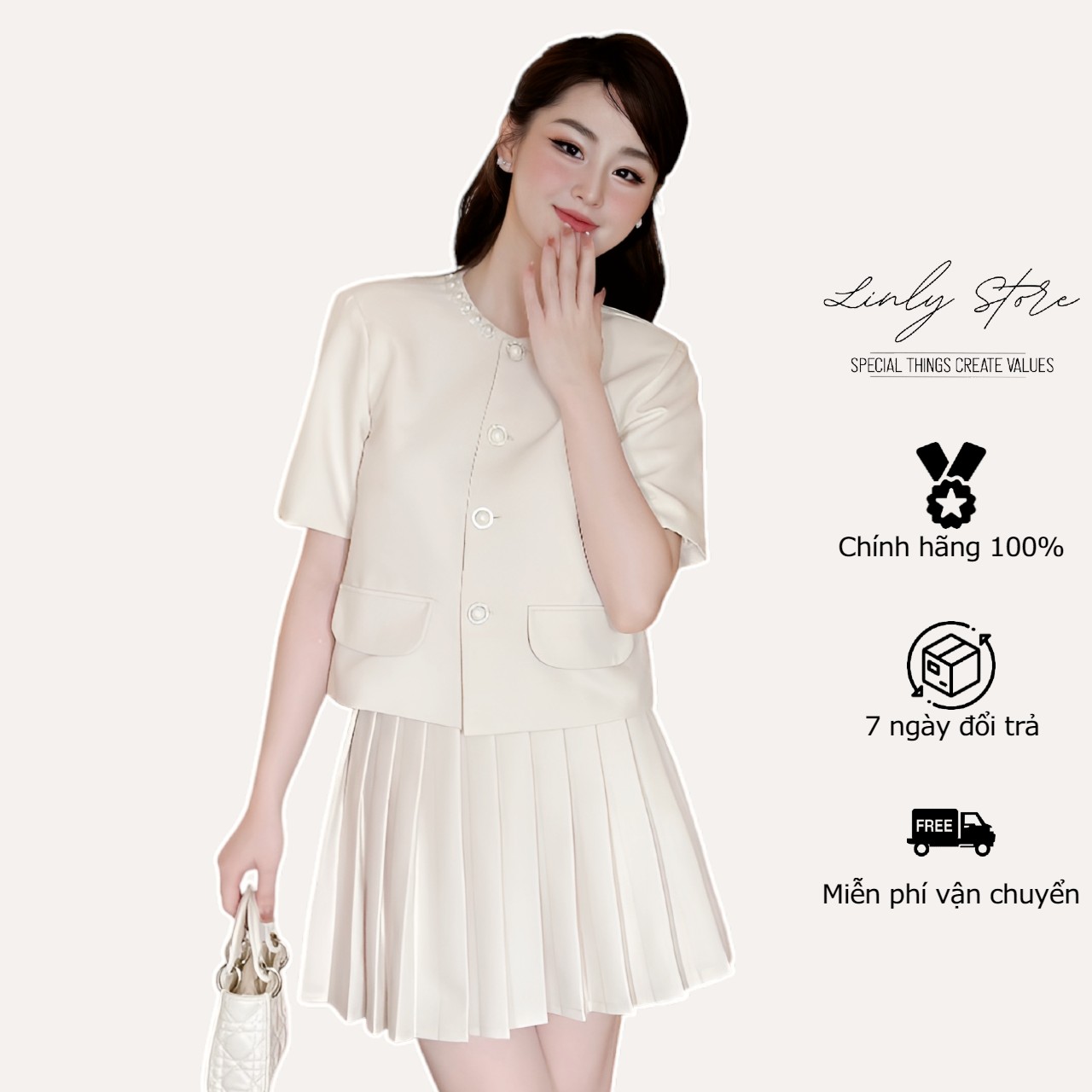 Set áo vest nữ cổ phối cúc ngọc, chân váy xếp ly Linly Store
