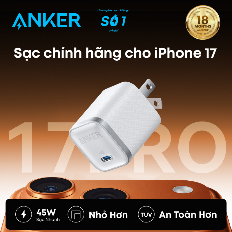 Anker Nano 45W Type C Charger Fast Charging, Compact and Foldable Plug USB C Charger Block for iPhone 17/16/15/14 series, Samsung Galaxy S25 Ultra/S24 Series, MacBook, Pixel 9, iPad(Cable Included), sạc điện thoại, cốc sạc nhanh
