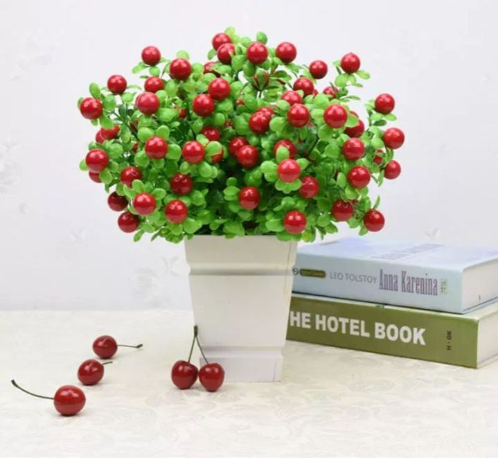 Cây giả, cành quả cherry đỏ may mắn tài lộc trang trí nhà cửa