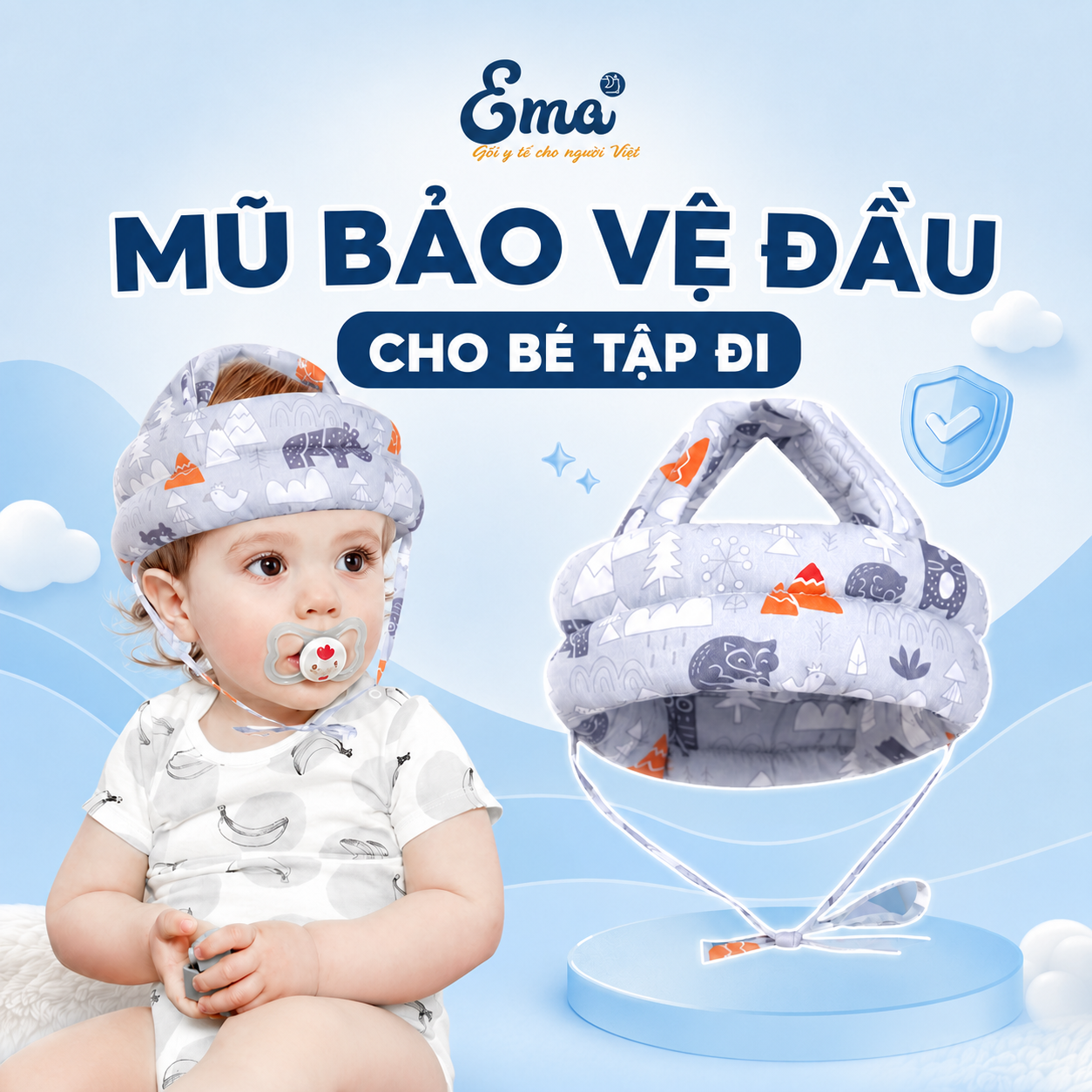 Mũ bảo vệ đầu cho bé sơ sinh tập bò, tập đi EMA - Nón bảo hiểm an toàn cho bé, chống va đập