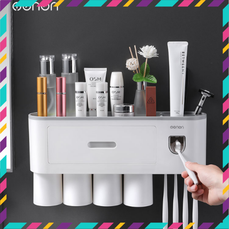 Bộ nhả kem đánh răng tự động Menon 4 cốc 2.0 (trắng) , kệ nhà tắm đa năng