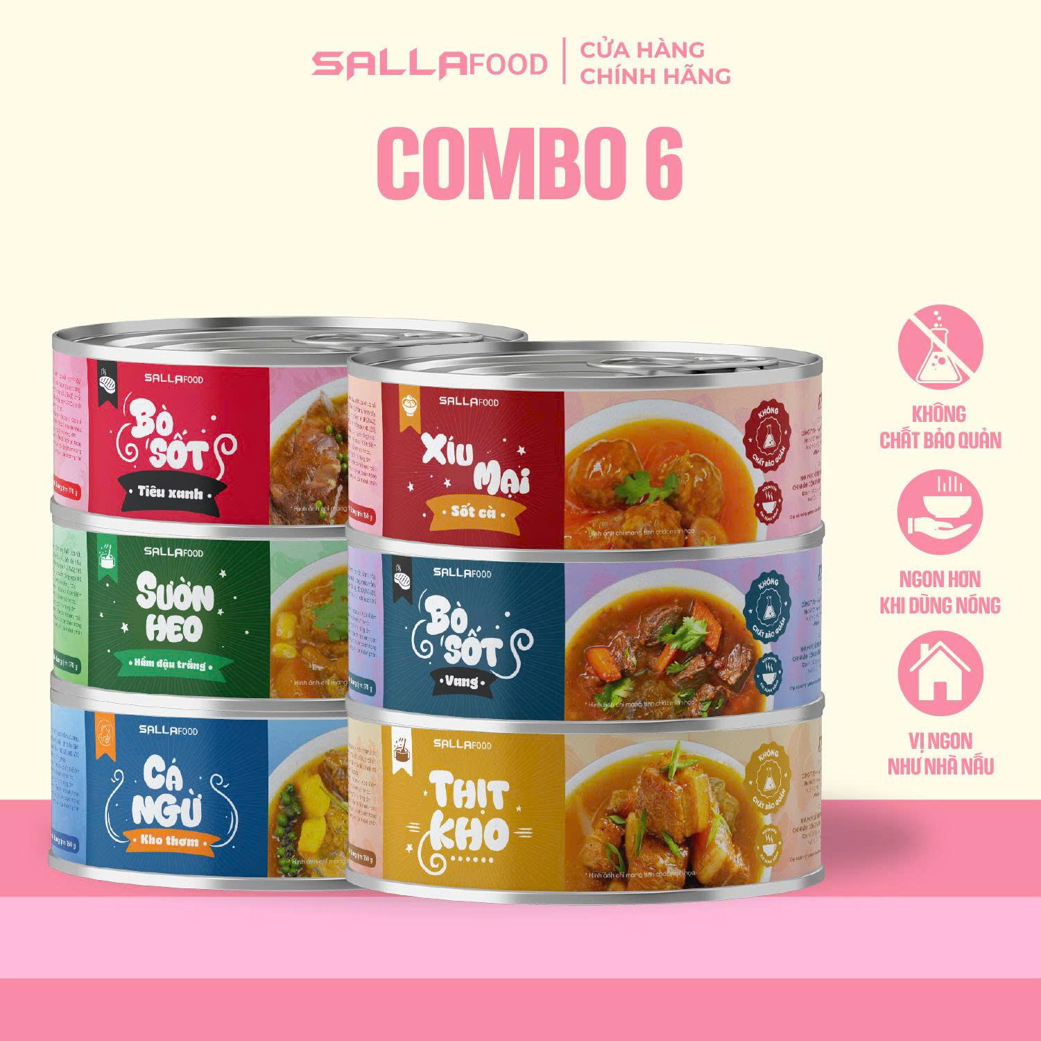 Combo Mix vị 6 lon Đồ Hộp Sallafood - Bò Sốt Tiêu Xanh - Sườn Heo Hầm Đậu - Cá Ngừ Kho Thơm - Bò Sốt Vang - Xíu Mại Sốt Cà - Thịt Kho
