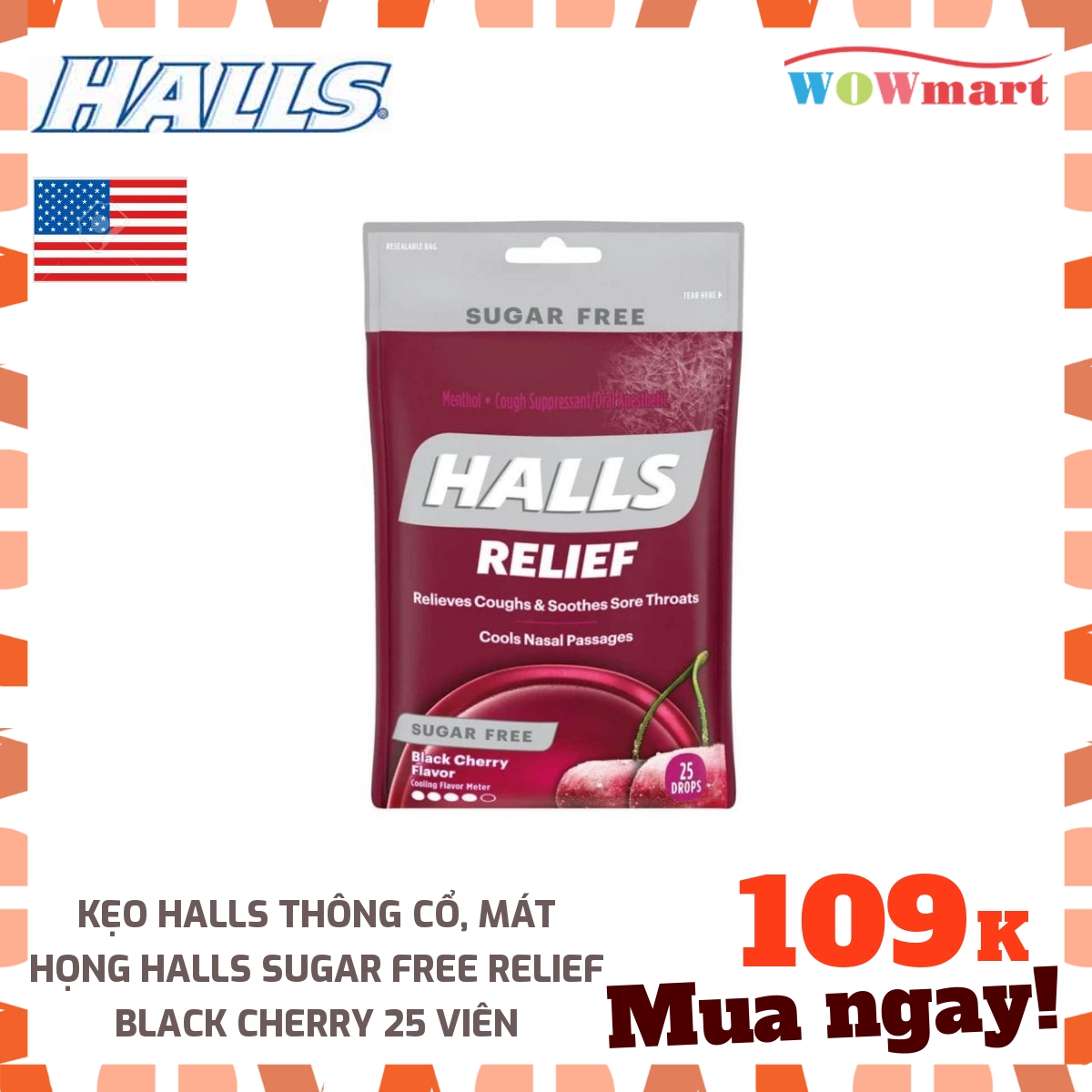 Kẹo Halls thông cổ mát họng Halls Sugar Free Relief Black Cherry 25 viên