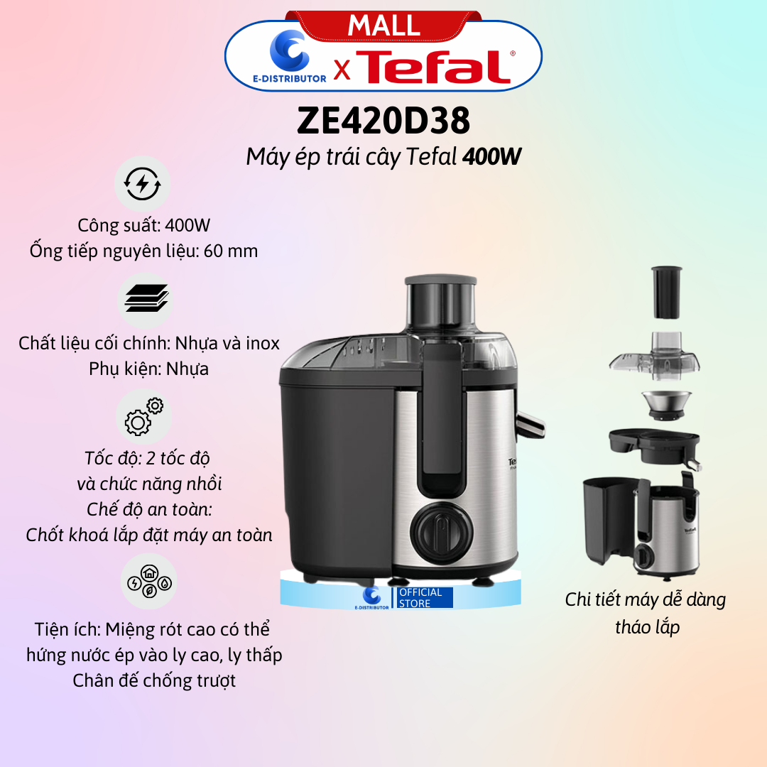 Máy ép trái cây tefal ze420d38 - hàng chính hãng - bảo hành 12 tháng - chức năng chính: ép trái cây, rau củ công suất: 400w ống tiếp nguyên liệu: 60 mm - tiện lợi trong gia đình