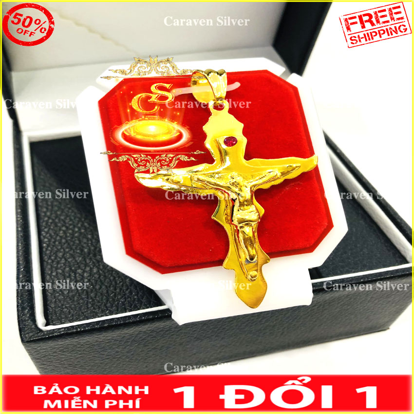 Mặt thánh giá chúa jesus mạ vàng 18k - Kích thước 4x6.5cmhọa tiết rõ nét, sắc xảo - Caraven silver - TH - Mat day chuyen nam, mặt dây chuyền nam, mặt dây chuyền mạ vàng, mat day chuyen ma vang, mat rong, mặt rồng