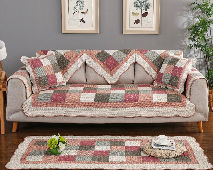Thảm trải sofa , thảm lót sofa , thảm sofa Ô vuông hồng xanh - 100% cotton mặt dưới có hạt chống trượt