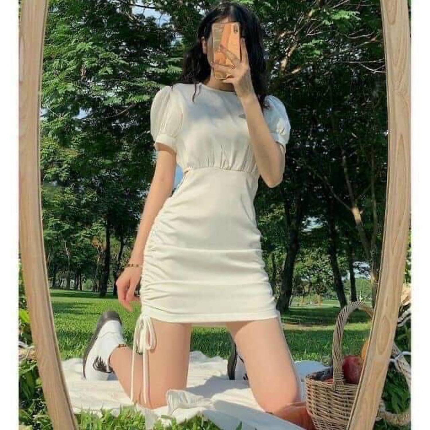 Đầm body nữ trắng dây rút bó eo tay bồng - Váy nữ body rút dây tôn dáng