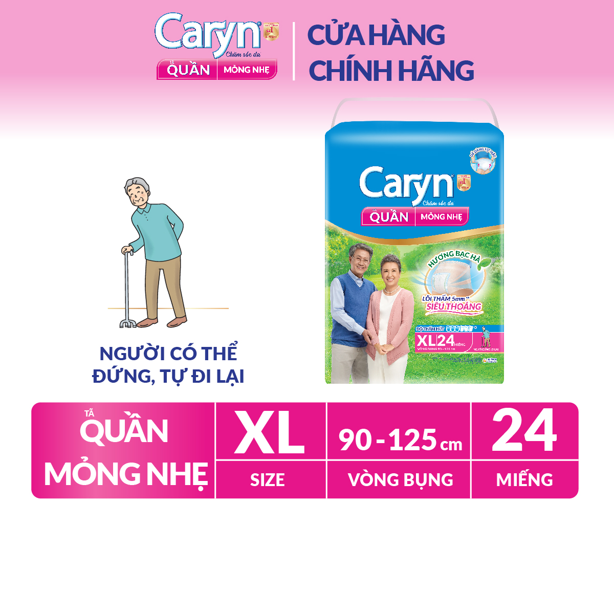 Tã Quần người lớn Caryn mỏng nhẹ chống tràn dành cho người già có thể tự đi lại được size XL24 [Bao bì thay đổi theo từng đợt nhập hàng]
