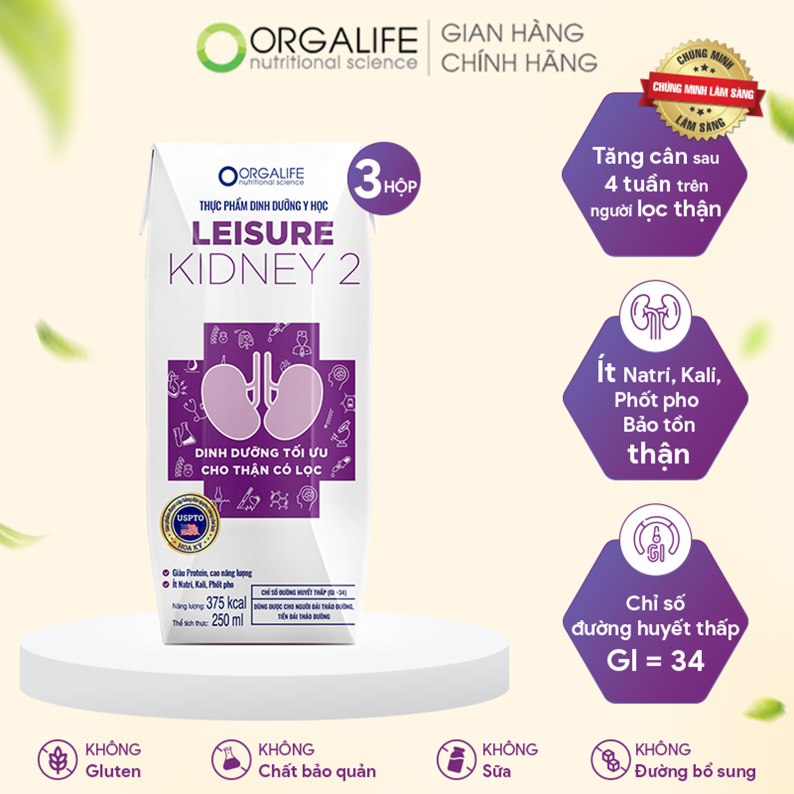 LEISURE KIDNEY 2 - Lốc 3 Hộp x 250ML Thực phẩm dinh dưỡng y học Dinh dưỡng cho người bệnh thận giàu protein