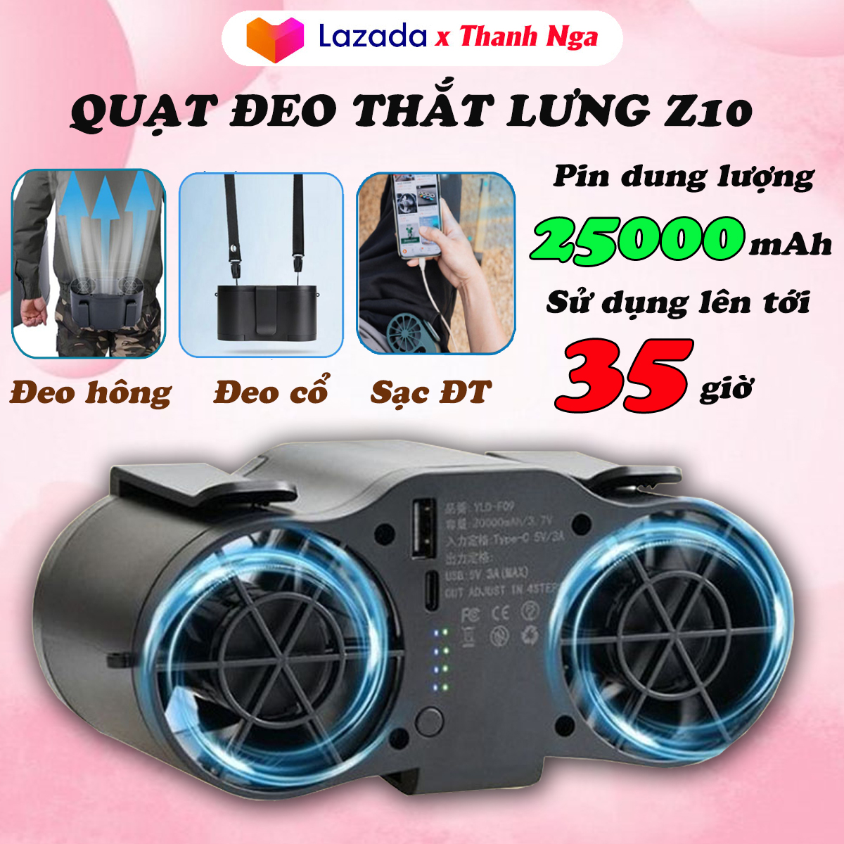 Quạt đeo thắt lưng hông cổ phản lực đa năng quạt mini đeo thắt lưng đeo cổ tích điện cầm tay quạt điều hòa 2 luồng pin chuẩn lithium 25000mAh có 4 cấp độ gió