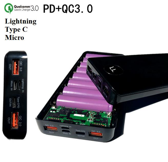 Box sạc nhanh QC3.0 + PD 8 Cell hiển thị LCD box sac du phong mach sac du phong pin sac 18650 cell pin laptop pin 18650