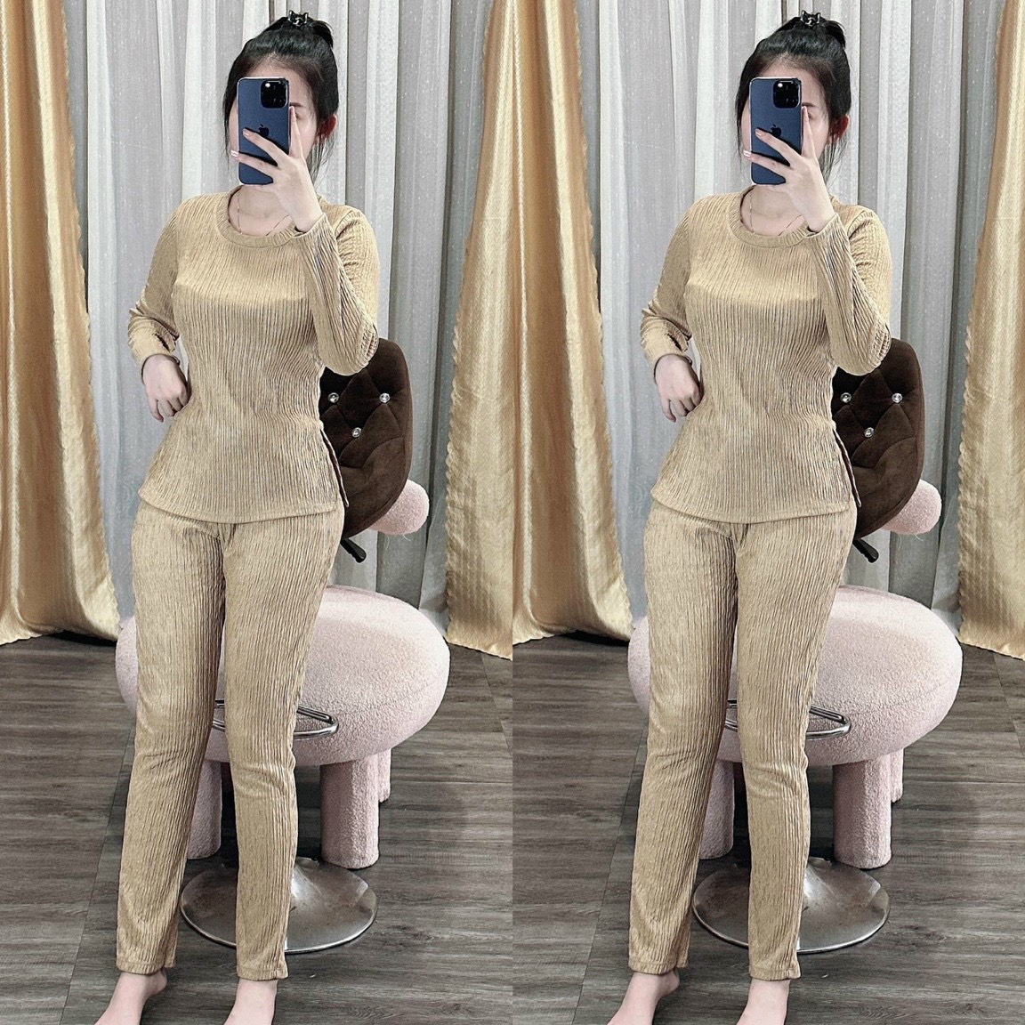 Set Bộ Xốp Thái Áo Tay Dài Cổ Tròn Xẻ Tà Kèm Quần Dài , Họa Tiết Basic , 4 Màu Đen Đỏ Xanh Lá Nude