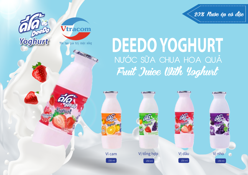 Sữa chua uống vị trái cây Deedo Yoghurt Thái Lan - 150ml/ 1 chai - 20% nước hoa quả nguyên chất - 4 vị