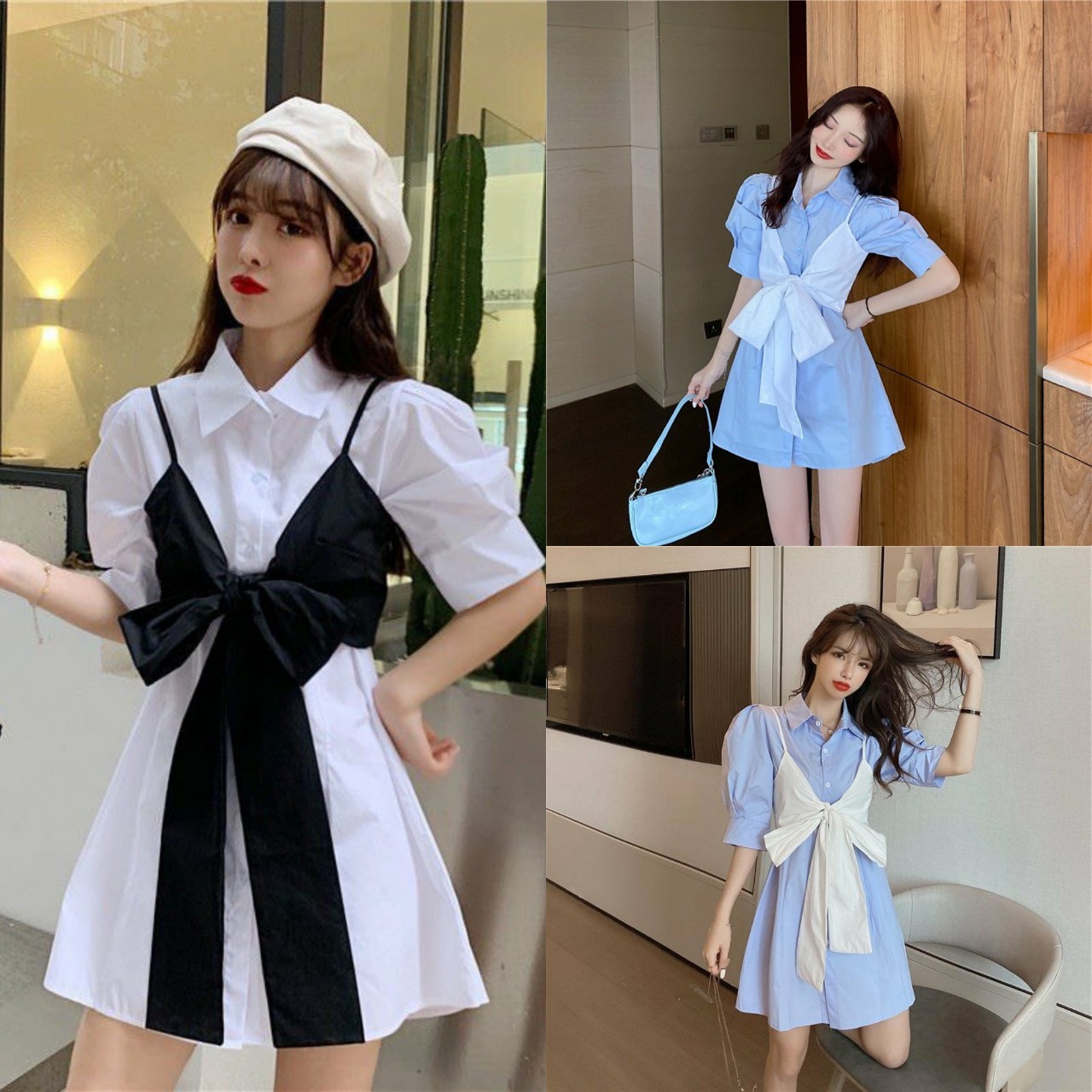 Set đầm sơ mi nữ phối áo yếm buộc nơ | set váy sơ mi phối yếm siêu xinh