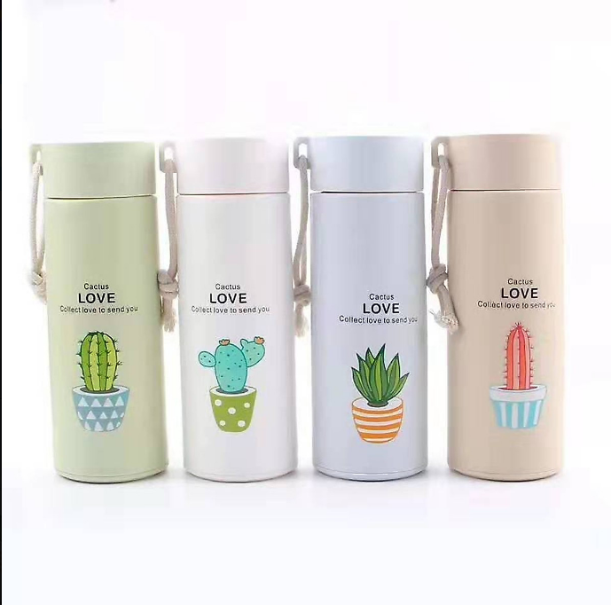 COMBO 5 Bình Đựng Nước Thủy Tinh 400ml Vỏ Nhựa Lúa Mạch In Hình Cây Sương Rồng Xinh Xắn