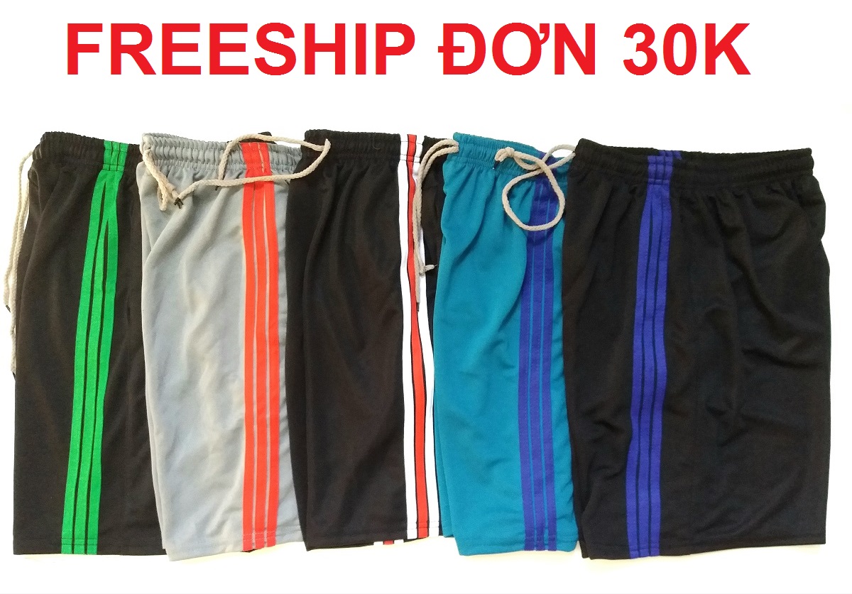 QUẦN ĐÙI NAM, QUẦN SHORT NAM,  KIỂU THỂ THAO PHỐI 3 SỌC, VẢI THUN DÀY, MỀM, MÁT,  CO GIÃN NHẸ THẤM HÚT MỒ HÔI THOÁNG MÁT CÓ DÂY RÚT VÀ 2 TÚI HÔNG (ẢNH THẬT)