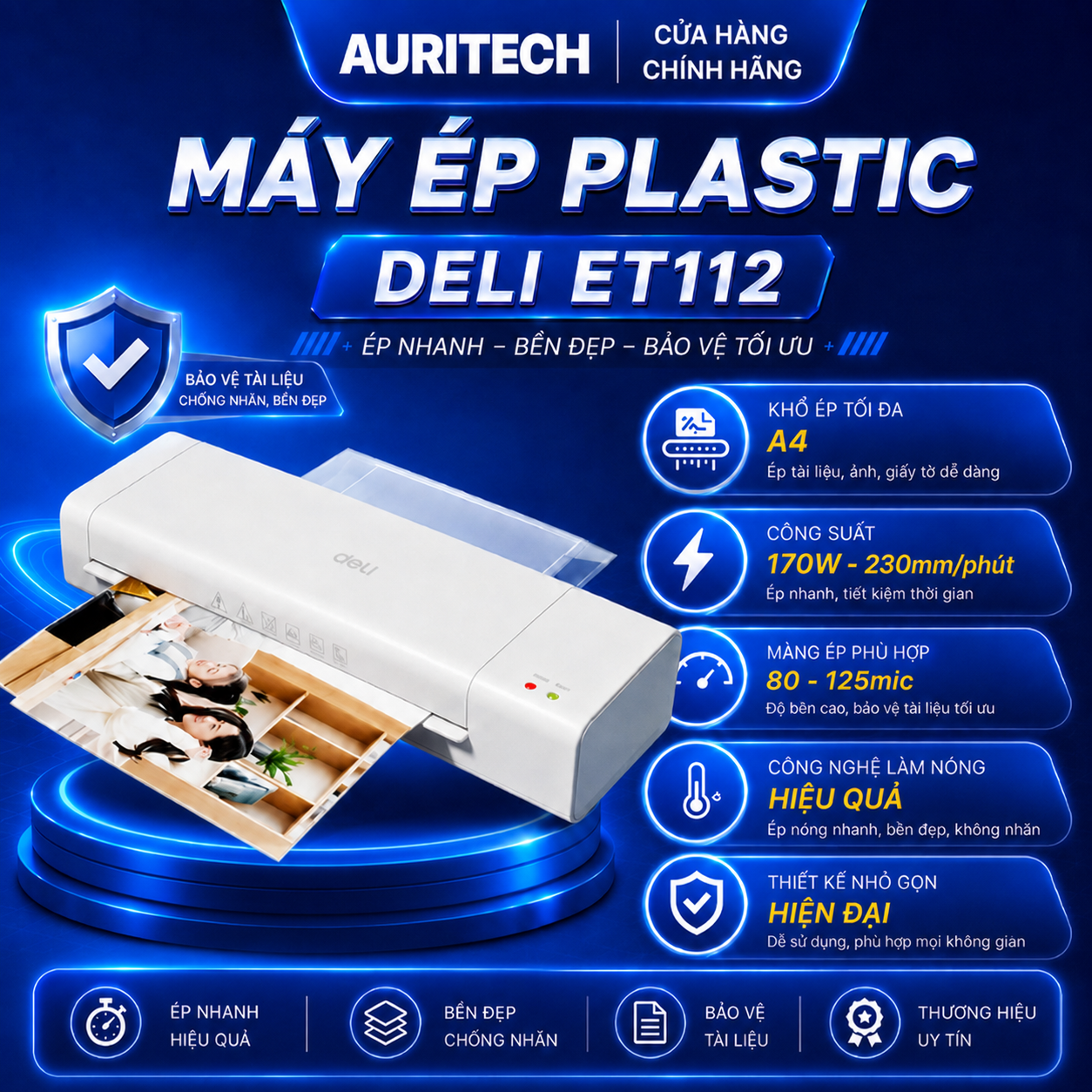 Máy Ép Plastic Khổ A4 Deli - Máy Ép ET112 Phù Hợp Ép Màng Ảnh, Poster, Văn Phòng Trường Học