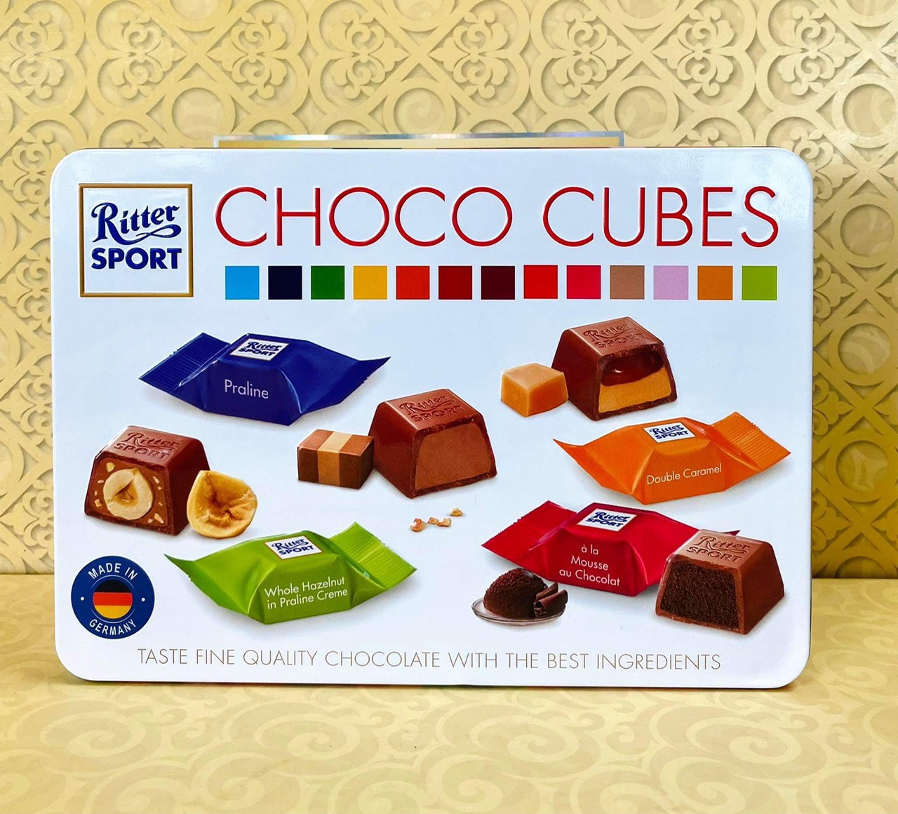 Socola viên hỗn hợp choco cubes ritter sport hộp thiếc 192g. date 04/2023