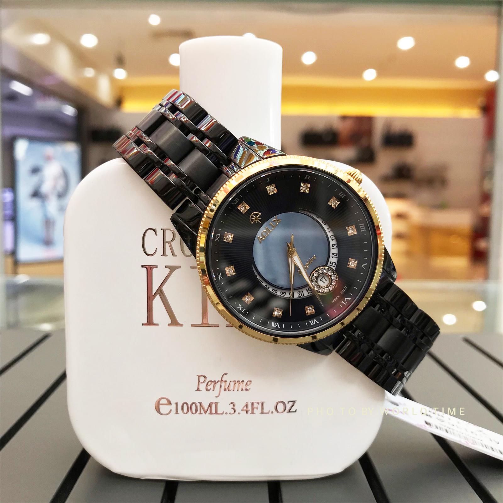 Đồng hồ nam Aolix AL9136G Full Hộp ,Thẻ Bảo Hành Hãng, Kính Sapphire Chống Xước Chống Nước,Dây Thép Đen Viền Vàng