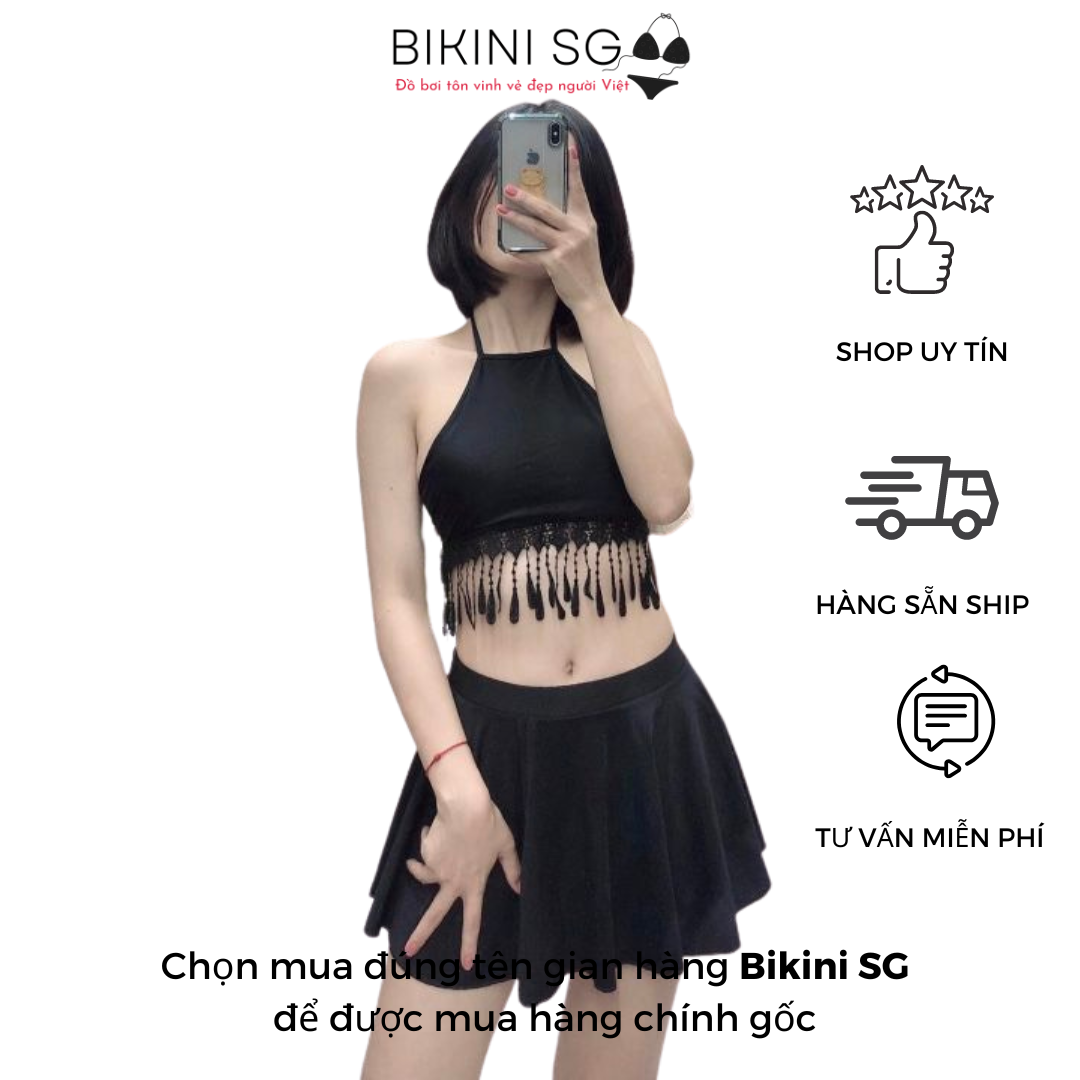 Đồ bơi nữ Bikini SG đi biển yếm màu trơn đen tua rua phối váy xòe phong cách Hàn Quốc