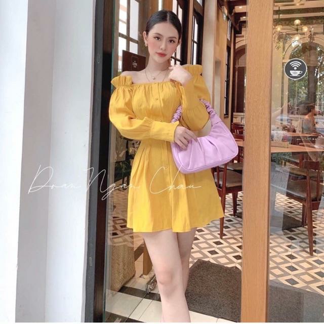 [HCM]Váy đầm nữ bẹt vai xếp eo đi chơi sang chảnh