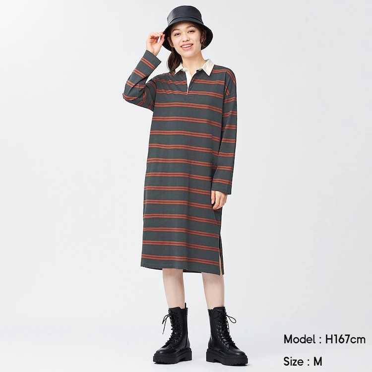 (GU Nhật chính hãng) Nữ - Váy dài dáng suông kẻ ngang cổ đức dài tay