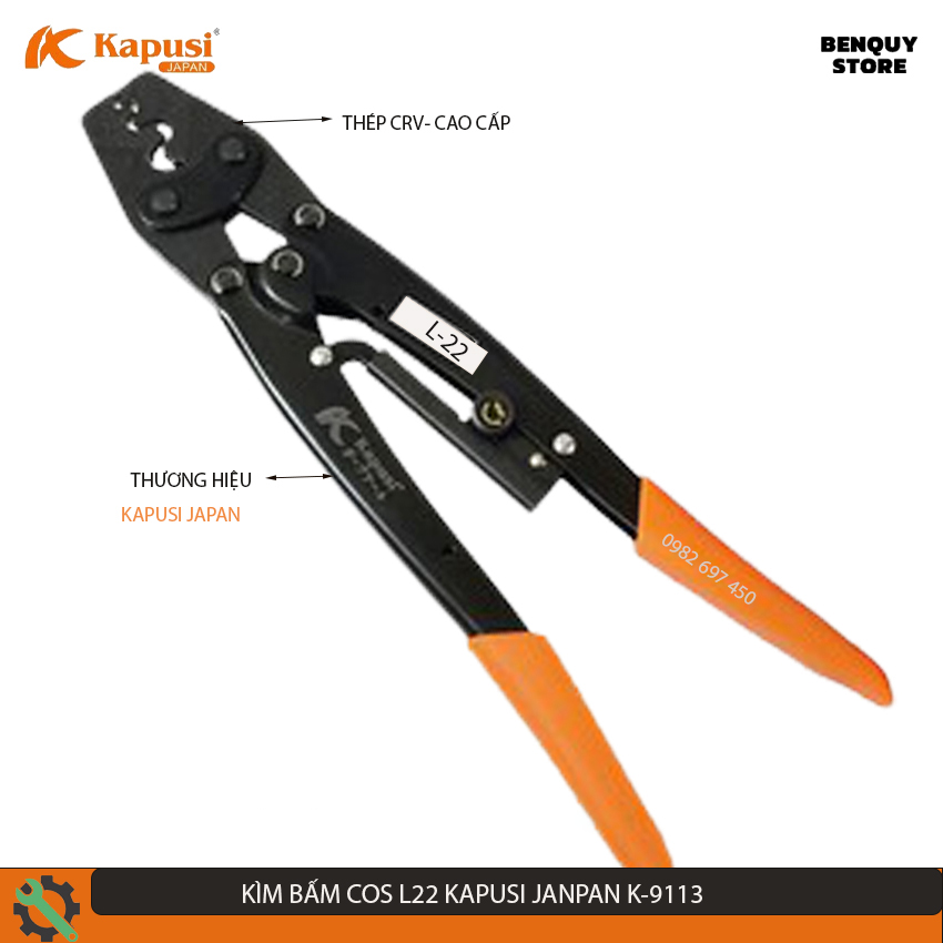 Kìm bấm cos đa năng l22 kapusi japan k-9113, thiết diện sau khi bấm 1-22 mm2 .chất lượng nhật bản, siêu khỏe, siêu bền