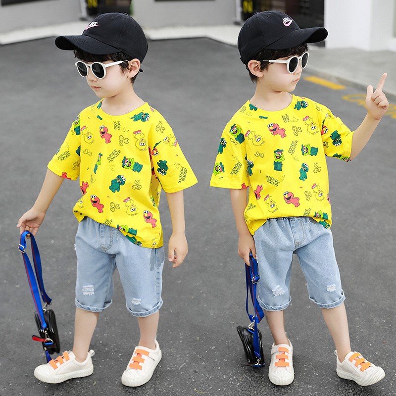 Bt12 size80-120 sét bộ bé trai . quần jean lửng + áo thun ngắn tay quần áo trẻ em hàng quảng châu