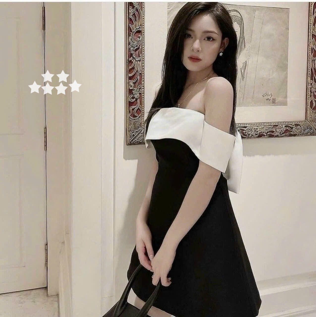 Đầm bóng tapta trễ vai nơ trắng dài to tiểu thư