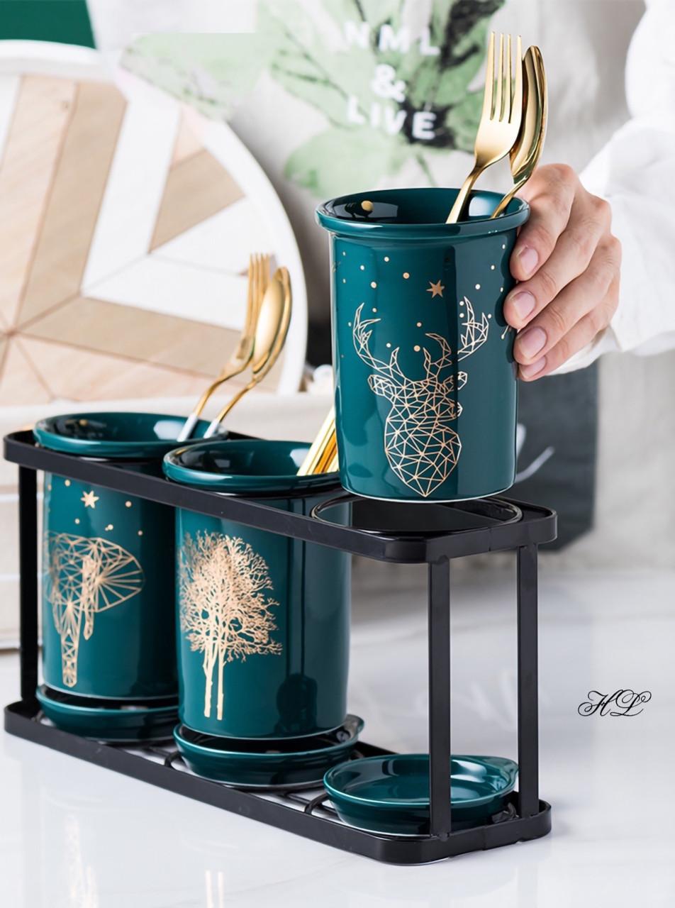 Ống đũa sứ 3 Xanh cổ vịt phong cách Bắc Âu - Hoạ tiết vàng kim - Khung thép