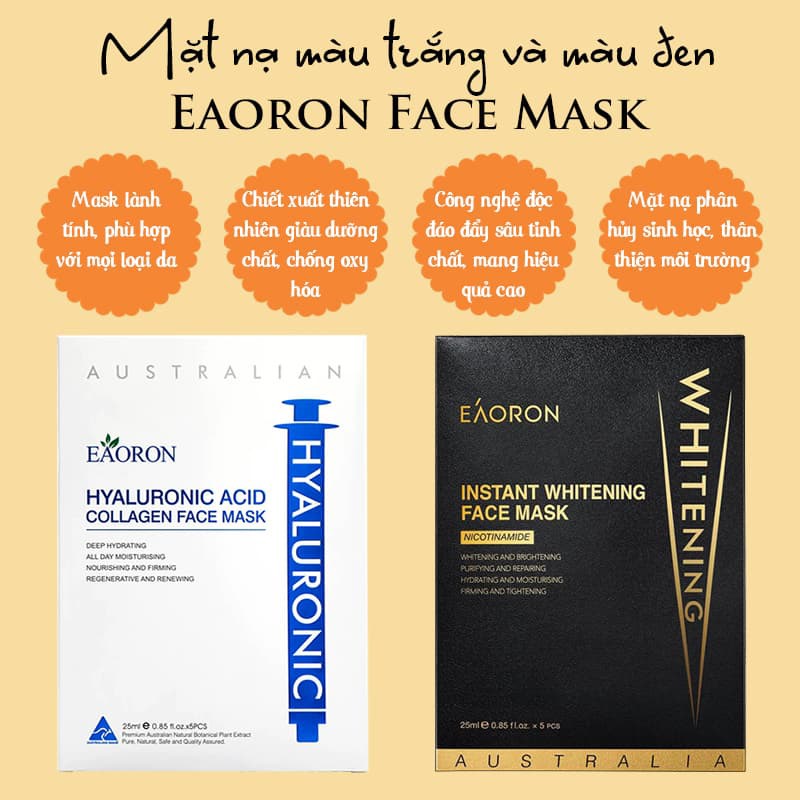 Hộp 5 miếng Mặt nạ Eaoron Collagen Face Mask của Úc màu trắng và màu đen