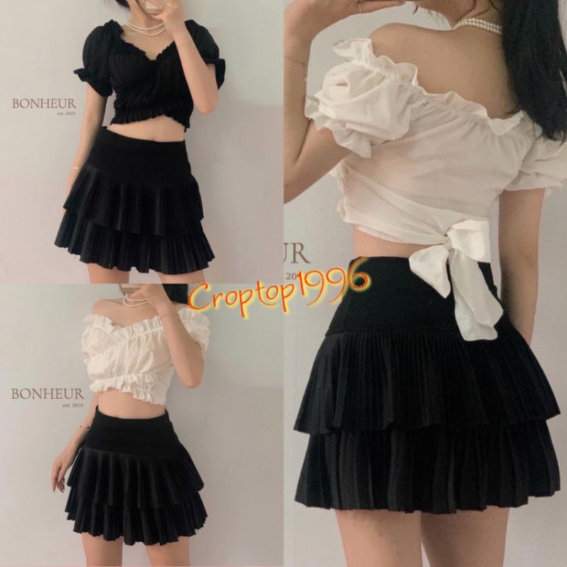 Áo kiểu Croptop dây buộc nơ sau lưng - áo trễ vai vạt chéo nhún viền. mã A13