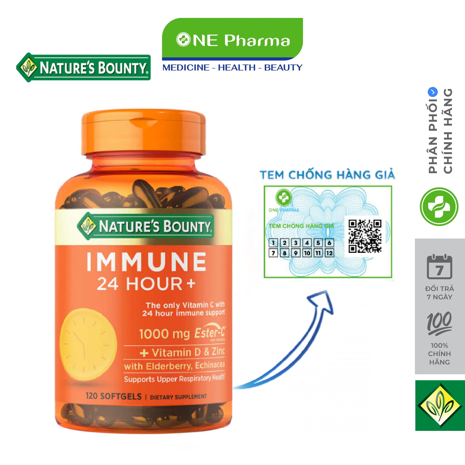 Viên uống hỗ trợ miễn dịch Nature's Bounty Immune 24 Hour+, 120 Viên