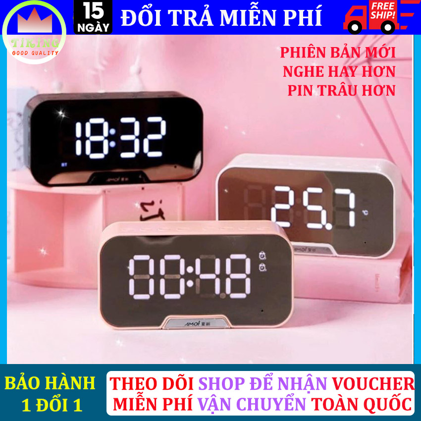 Loa Bluetooth Yoking Clock speaker Loa Bluetooth Không  Dây 3 Trong 1 Đồng Hồ Báo Thức Nghe Đài Fm, Đo Nhiệt Độ Phòng Mặt Kính Tráng Gương Pin Trâu Siêu Bass