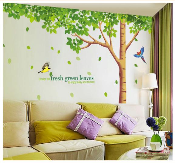 Decal trang trí Cây Xanh và Chim size lớn - 3 tấm. Decal in trên chất liệu PVC có keo sẵn ở mặt sau chỉ cần lột ra và dán.