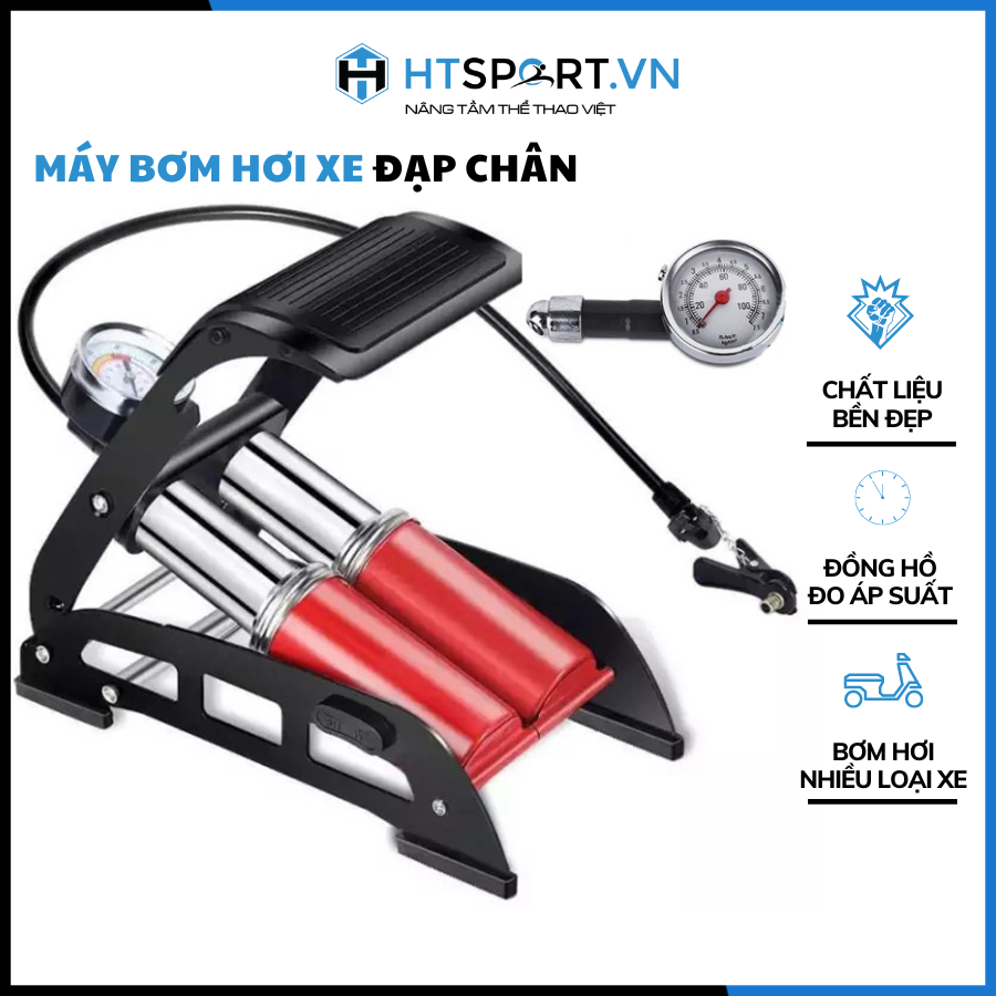 Bơm hơi đạp chân, 1 bình & 2 bình bơm ô tô xe máy xe đạp, có đồng hồ áp xuất đa năng