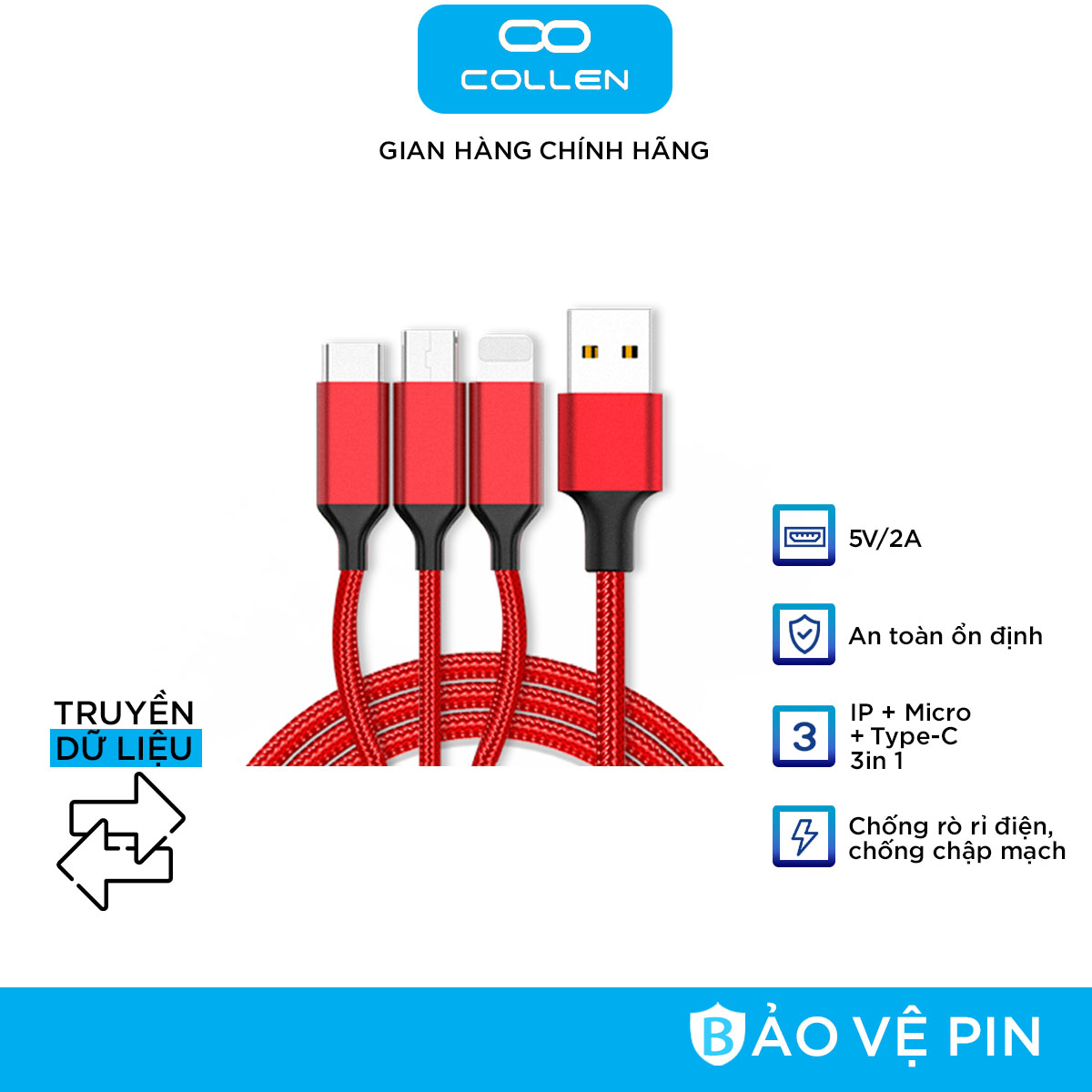 Dây cáp nhanh, day sạc dù 3 đầu, lightning, micro, type-C, dài 2m, đa năng, tiện dụng, chống đứt gãy nhính hãng #collen